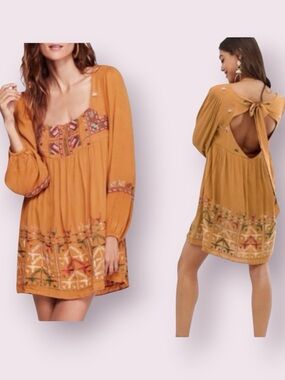Free People Rhiannon Embroidered Babydoll Mini Dress Back Cutout Size Small